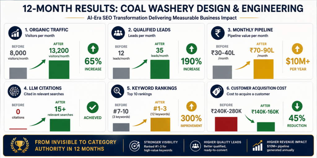 Results metrics dashboard comparing before and after for Coal Washery showing 65% traffic increase, 190% lead increase, $10M annual pipeline growth, 15+ LLM citations achieved, keyword rankings improved from positions 7-10 to 1-3, and CAC reduced by 45%