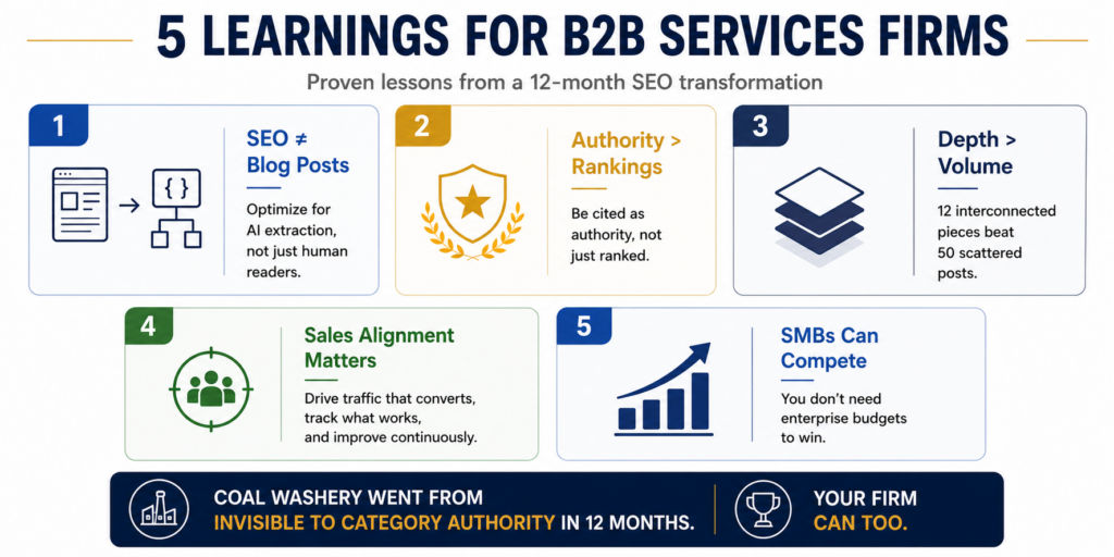 5 key learnings framework for B2B services firms showing SEO means AI extraction optimization, authority beats rankings, topic depth beats post volume, sales alignment drives conversion, and SMBs can compete with enterprises