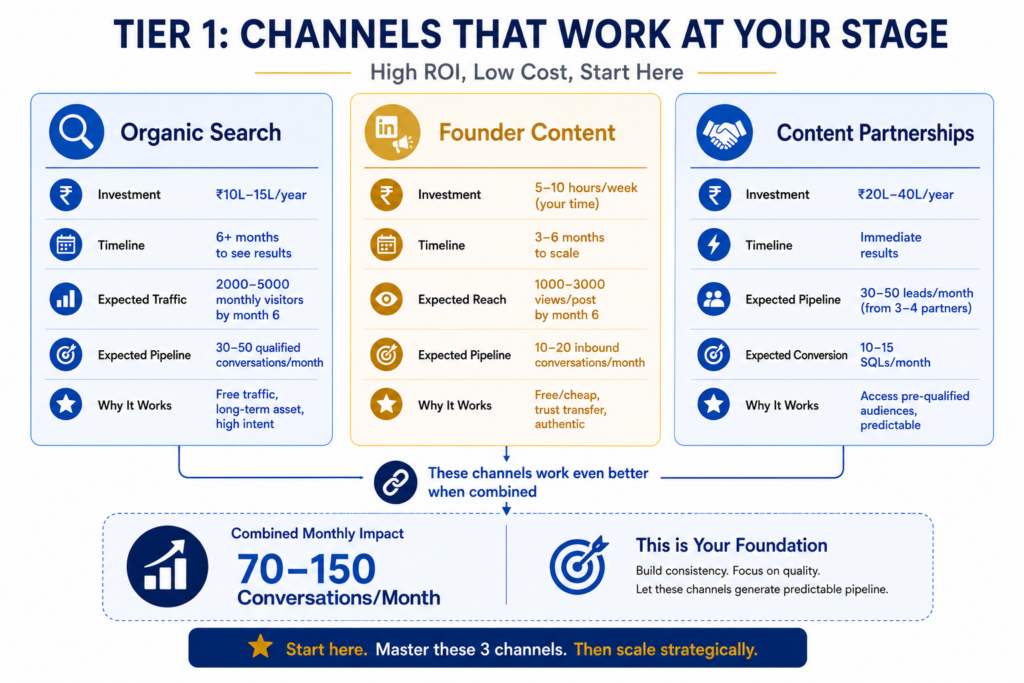 Tier 1 demand generation channels breakdown showing organic search with ₹10L-15L annual investment and 2000-5000 monthly visitors, founder LinkedIn content with 5-10 weekly hours and 1000-3000 monthly views, and content partnerships with ₹20L-40L annual spend generating 30-50 monthly leads across 3-4 partners