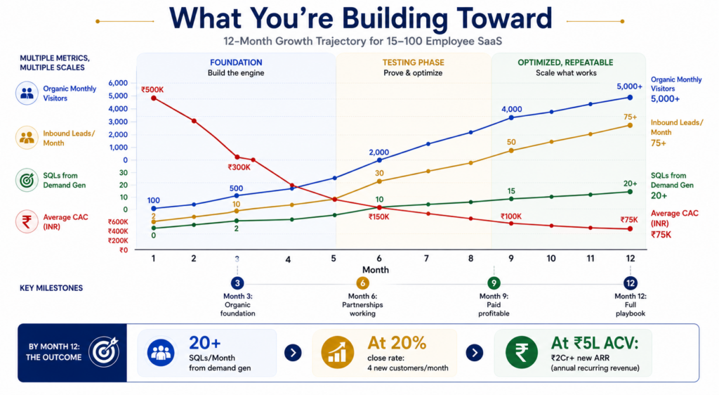 12-month budget sequencing timeline for ₹50L-1Cr annual marketing spend showing progression from foundation phase months 1-3 with content focus, amplification phase months 4-6 adding partnerships, selective paid phase months 7-9 introducing paid ads and influencers, and optimization phase months 10-12 doubling down on working channels