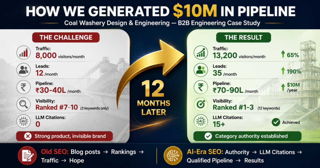 Before and after comparison showing Coal Washery Design's transformation from 8,000 to 13,200 monthly visitors, 12 to 35 qualified leads per month, and $30-40L to $70-90L monthly pipeline using AI-era SEO approach over 12 months