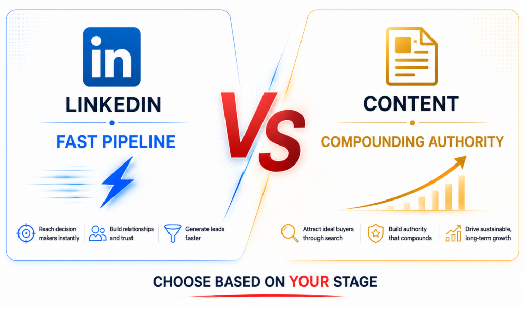 LinkedIn versus content marketing debate for B2B pipeline: LinkedIn excels at fast pipeline through precision targeting and immediate reach, while content marketing excels at compounding authority through long-term SEO rankings and organic inbound leads - the right choice depends on your company stage and goals