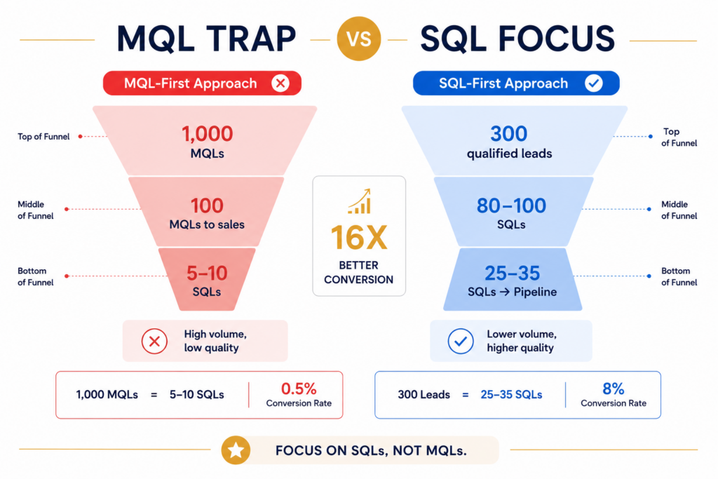 MQL trap versus SQL focus funnel comparison showing 1000 MQLs with 0.5% conversion rate versus 300 qualified leads with 8% conversion rate and 16X better conversion difference