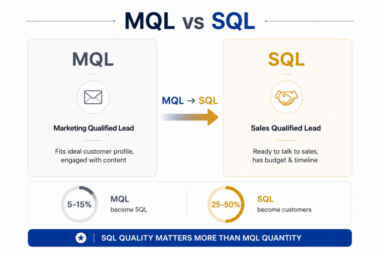 MQL versus SQL focus results chart showing 6-month timeline with MQL-first approach plateauing at revenue while SQL-first approach shows 350% growth demonstrating revenue impact of optimizing for the right metric