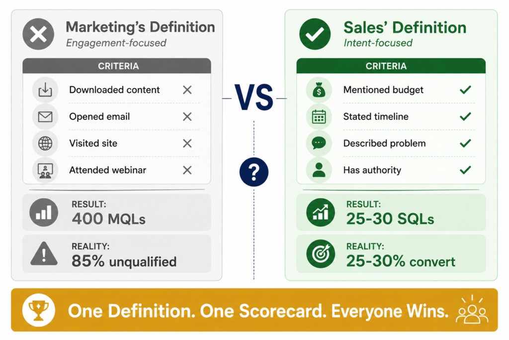 4-tier revenue engine lead qualification model showing progression from tier 1 initial leads through tier 2 MQLs, tier 3 SQLs to tier 4 sales-ready leads with filtering and manual evaluation ensuring only high-intent qualified leads reach sales team