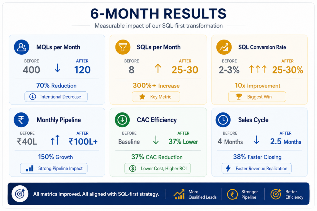 Comparison of marketing's engagement-based definition versus sales' intent-based definition of qualified leads showing why sales-focused criteria of budget mention, timeline statement, and problem description produce higher quality leads and better conversion rates