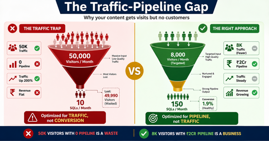 Two-funnel comparison showing the traffic-pipeline gap with left side showing 50,000 monthly visitors but 0 pipeline from traffic-focused approach and right side showing 8,000 visitors with ₹2 crore pipeline from conversion-focused approach