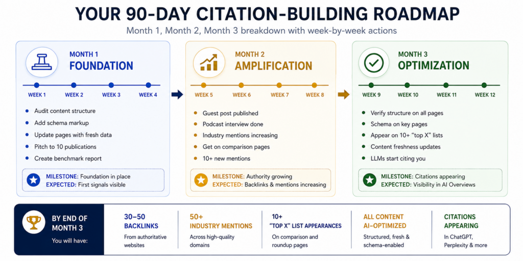 90-day citation-building timeline showing month 1 foundation phase with content audit and outreach, month 2 amplification with guest posts and mentions, and month 3 optimization achieving AI citations and visibility