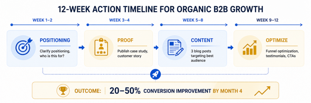 12-week organic B2B growth action timeline: Weeks 1-2 clarify positioning for target audience, Weeks 3-4 publish customer case studies and stories, Weeks 5-8 create three high-intent blog posts, Weeks 9-12 optimize funnel with testimonials and urgency, resulting in 20-50% conversion rate improvement by month 4