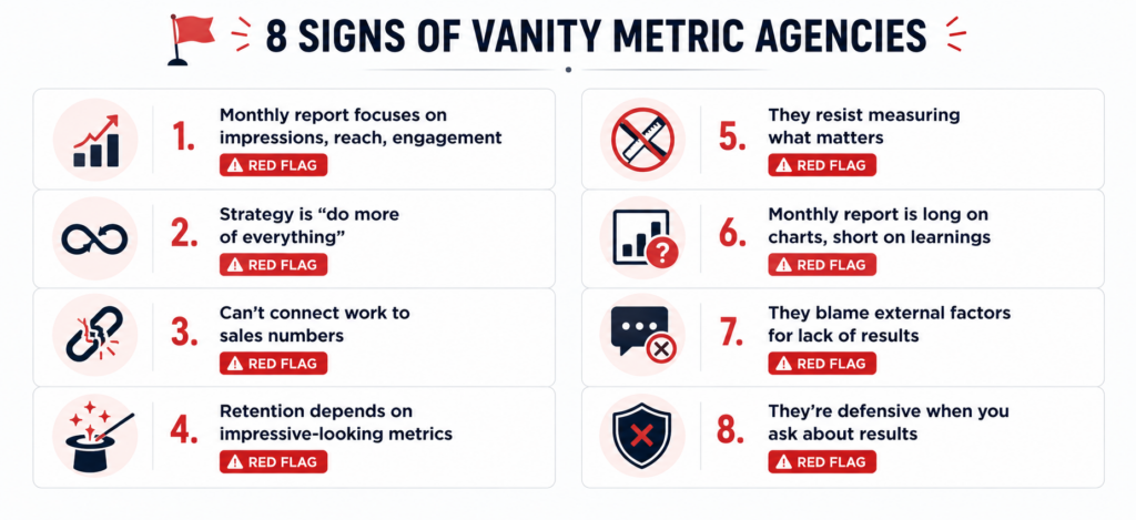 Eight red flag signs that your marketing agency is optimizing for vanity metrics: Sign 1 reports focus on impressions and reach. Sign 2's strategy is always 'do more,' Sign 3 can't connect work to sales, and Sign 4 keeps you happy with impressive numbers. Sign 5 resists measuring conversions, Sign 6 is reported as full of charts but no insights, Sign 7 blames external factors for failures, Sign 8 gets defensive when questioned about results