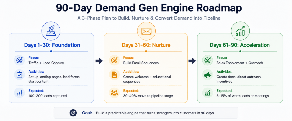 90-day demand generation engine sequencing timeline with 3 phases: Phase 1 (Days 1-30) is the foundation stage, focusing on traffic generation and lead capture with activities to set up landing pages and lead forms, expecting 100-200 leads. Phase 2 (Days 31-60): nurture stage building email sequences expecting 30-40% of leads to move to pipeline stage. Phase 3 (Days 61-90) acceleration stage with sales enablement and direct outreach, expecting 5-15% of warm leads to convert to meetings and opportunities