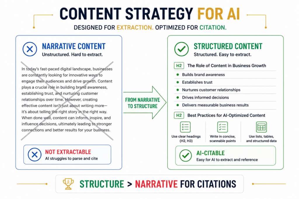 Content structure comparison for AI extraction: Narrative paragraph text (left, not extractable) versus structured content with H2 headings, numbered lists, answer capsules, and clear sections (right, highly extractable and citable by AI engines like ChatGPT and Perplexity