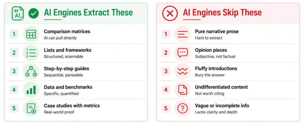 Content format comparison for AI extraction: The left column (green) shows 5 extractable formats—comparison matrices, lists and frameworks, step-by-step guides, data and benchmarks, case studies with metrics—all highly citable by AI; the right column (red) shows 4 ignored formats—pure narrative prose, opinion pieces, fluffy introductions, undifferentiated content—skipped by AI engines for having low extraction value
