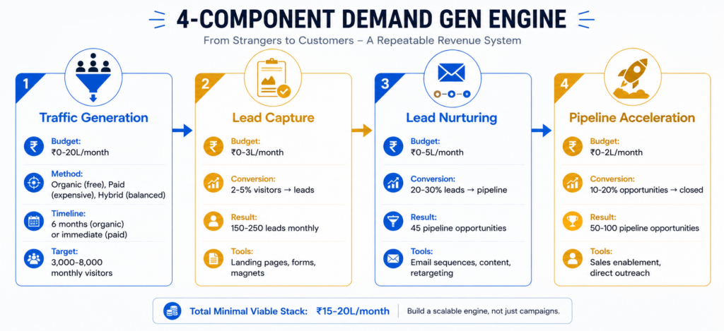Four components of a B2B demand generation engine with detailed specifications: Component 1 traffic generation costs ₹0-20L per month, generating 3,000-8,000 visitors; Component 2 lead capture costs ₹0-3L, converting 2-5% of visitors to 150-250 leads monthly; Component 3 lead nurturing costs ₹0-5L, converting 20-30% of leads to 45 pipeline opportunities. Component 4 pipeline acceleration costs ₹0-2L, converting 10-20% of opportunities to closed deals, with budget ranges and conversion rates for each stage.