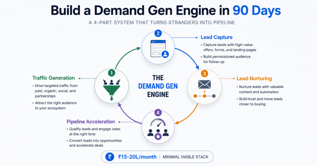 B2B demand generation engine diagram showing 4 connected components in circular flow: Traffic generation (awareness stage with funnel icon), Lead capture (interest stage converting 2-5% of visitors to 150 leads per month), Lead nurturing (consideration stage moving 30-40% of leads to pipeline via email sequences), and Pipeline acceleration (decision stage converting 5-15% of warm leads to meetings and opportunities)