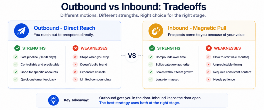 Outbound versus inbound characteristics comparison: Outbound strengths include fast 60-90 day pipeline, controllable and predictable results, good for targeting specific high-value accounts, quick customer feedback loops; weaknesses include stopping when you stop, doesn't build brand, expensive to scale with team growth, limited long-term compounding. Inbound strengths include compounds over time, builds category authority, scales without proportional team growth, long-term asset; weaknesses include slow 3-6 month start time, unpredictable timing, requires consistent content creation, needs patience for ROI