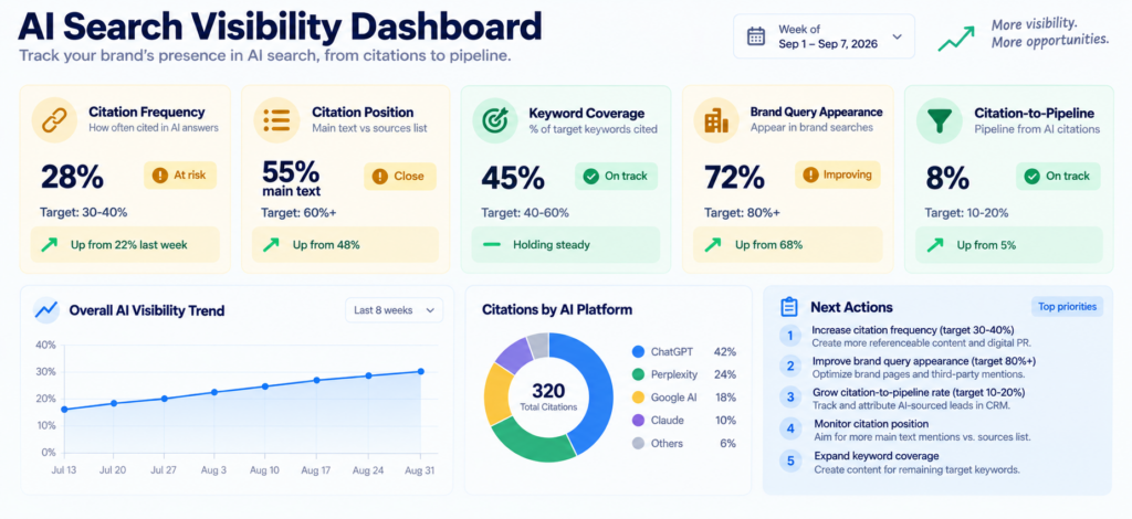 AI visibility dashboard mockup showing 5 metrics tracked weekly: Citation Frequency 28% against target 30-40% status yellow up from 22%, Citation Position 55% main text against target 60%+ status yellow, Keyword Coverage 45% against target 40-60% status green steady, and Brand Query Appearance 72% against target 80%+ status yellow up from 68%, with the next actions section below, demonstrating a complete weekly tracking template.