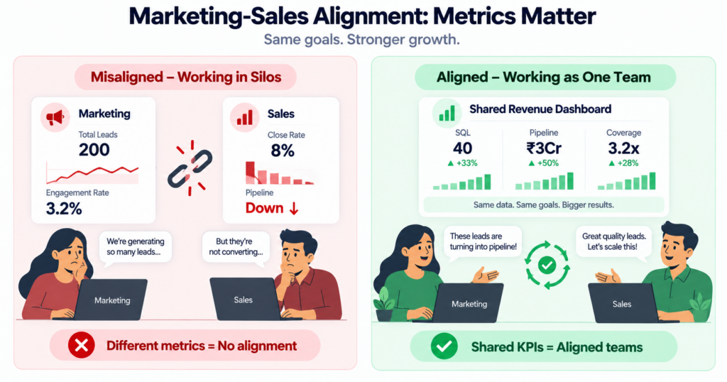 Marketing and sales alignment comparison showing misaligned teams (left) measuring different metrics - marketing tracking leads and engagement while sales tracks close rate and pipeline with no connection between them, versus aligned teams (right) sharing same KPI dashboard with SQL, pipeline generation, and coverage ratio metrics, illustrating how shared metrics create alignment