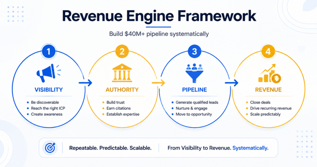 Revenue Engine Framework diagram: 4 connected stages (Visibility, Authority, Pipeline, Revenue) forming a system that generates $40M+ predictable B2B pipeline.