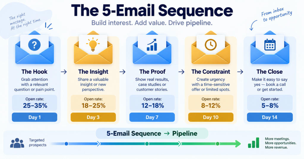 5-email marketing sequence progression showing Email 1 Hook on day 1 with 25-35% open rate using question mark icon, Email 2 Insight on day 3 with 18-25% open rate using lightbulb icon, Email 3 Proof on day 7 with 12-18% open rate using checkmark icon, Email 4 Constraint on day 10 with 8-12% open rate using clock icon, Email 5 Close on day 14 with 5-8% open rate using calendar icon, demonstrating how each email serves a specific purpose in moving prospect toward pipeline