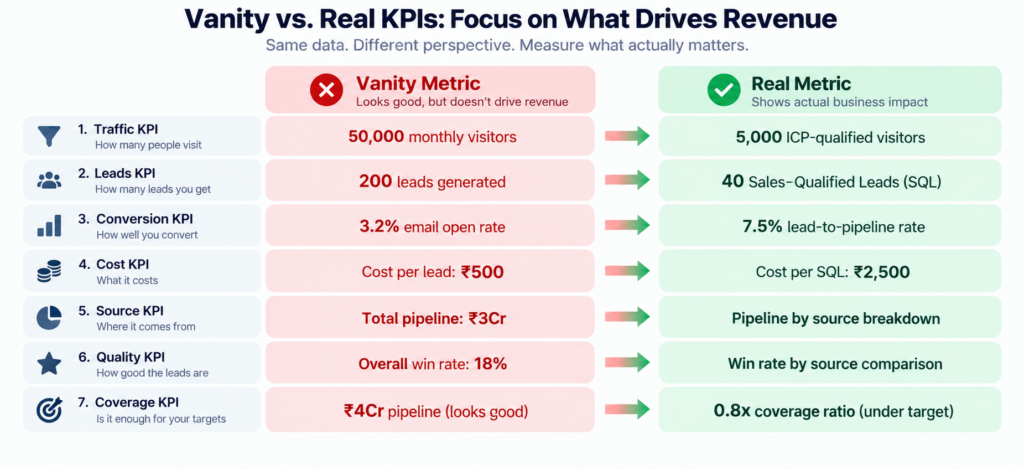 Seven marketing KPI comparisons showing vanity metrics versus real metrics: KPI 1 50,000 monthly visitors versus 5,000 ICP-qualified visitors, KPI 2 200 leads versus 40 SQL, KPI 3 3.2% email open rate versus 7.5% lead-to-pipeline rate, KPI 4 ₹500 cost per lead versus ₹2,500 cost per SQL, KPI 5 total pipeline versus pipeline breakdown by source, KPI 6 overall 18% win rate versus win rate by source, KPI 7 ₹4Cr pipeline versus 0.8x coverage ratio, illustrating the shift from activity metrics to outcome metrics