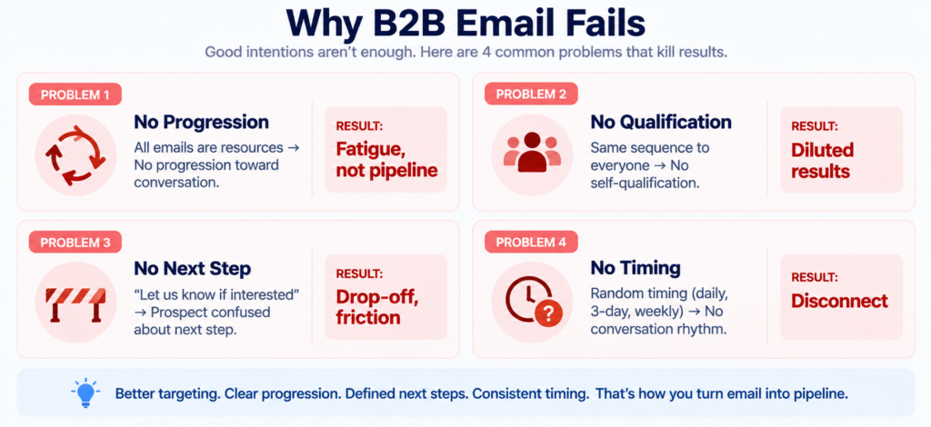 Four problems causing B2B email failure displayed in 2x2 grid: Problem 1, No Progression, shows all emails are resources, creating fatigue, not a pipeline. Problem 2, No Qualification, shows the same sequence sent to everyone, resulting in diluted results. Problem 3: No Next Step shows the "Let us know if interested" message, creating confusion and drop-off. Problem 4: No Timing shows random email intervals daily or 3-day weekly, creating disconnection, illustrating why traditional email approaches fail to build a pipeline.